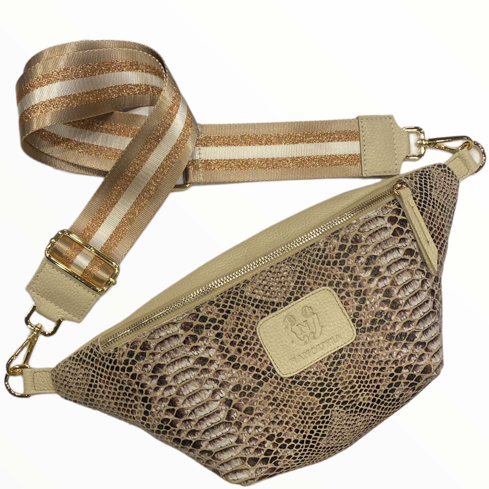 Beige luxury snake-print leather belt bag