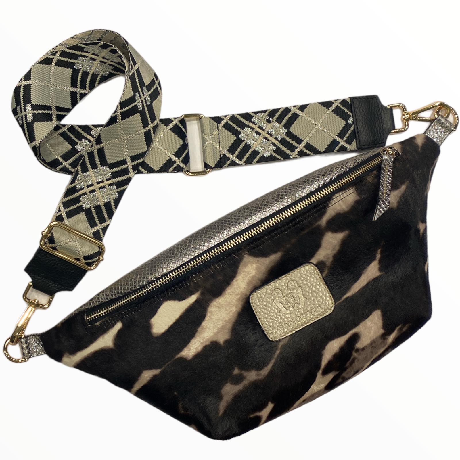 XL cow-print calf-hair and silver leather belt bag