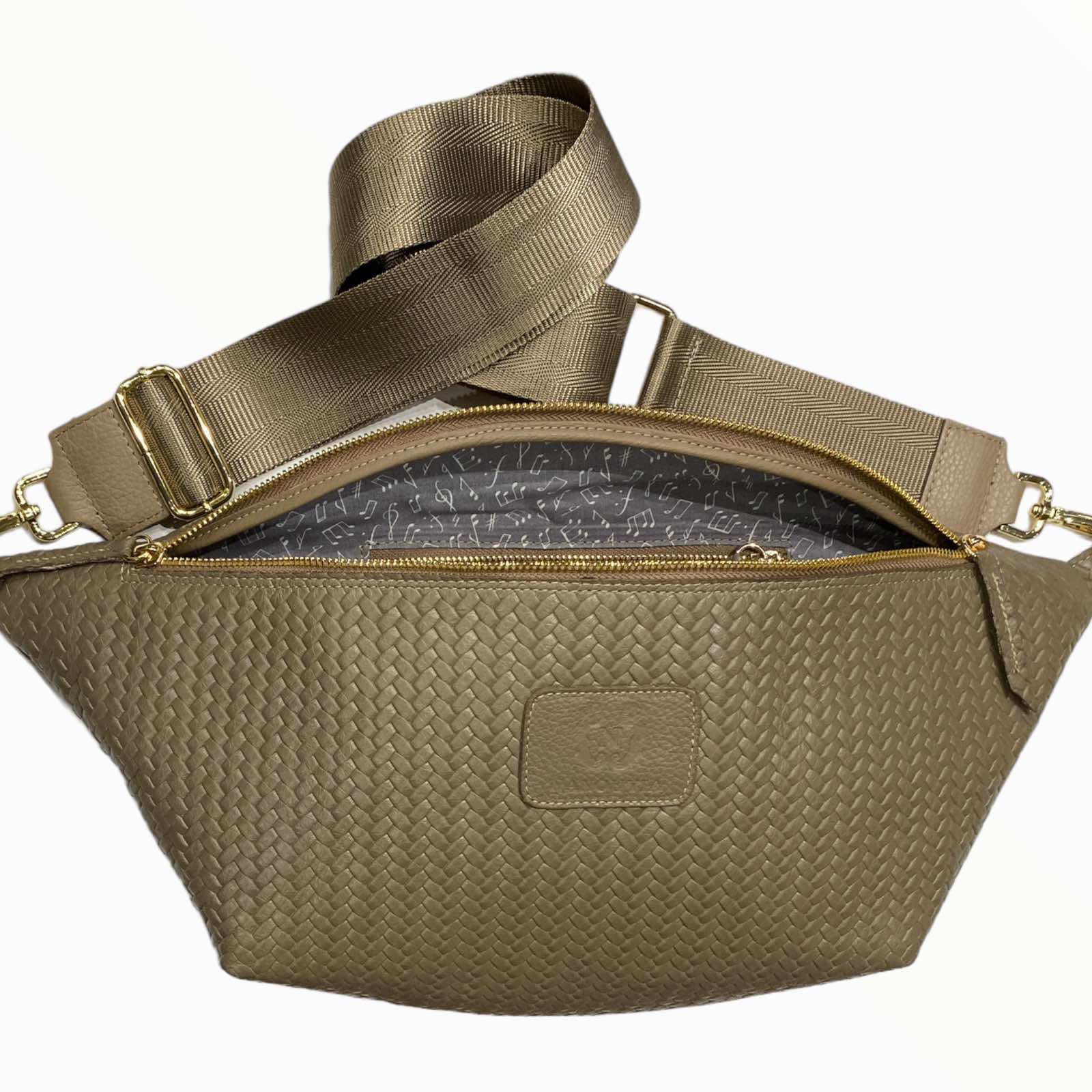XXL taupe woven-print leather belt bag