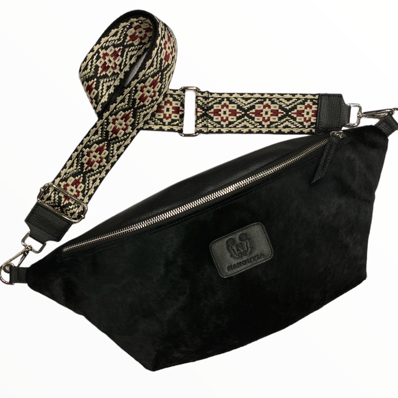 XXL black calf-hair leather belt bag with boho strap