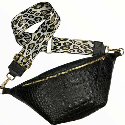 Black alligator-print leather belt bag with gold metals
