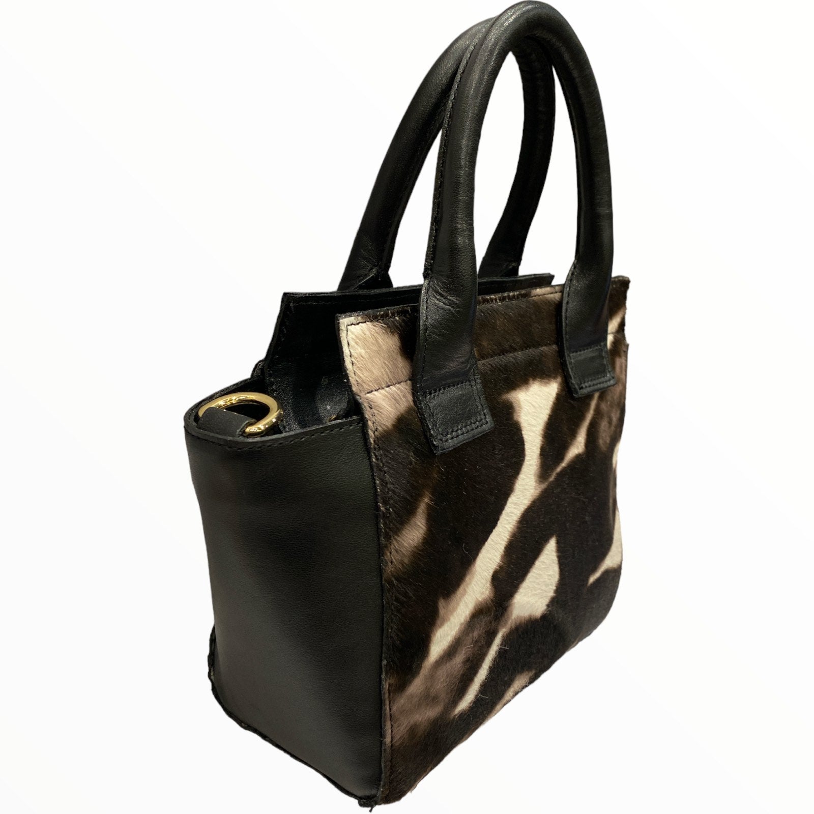 Gina mini. Black and white calf-hair leather tote bag