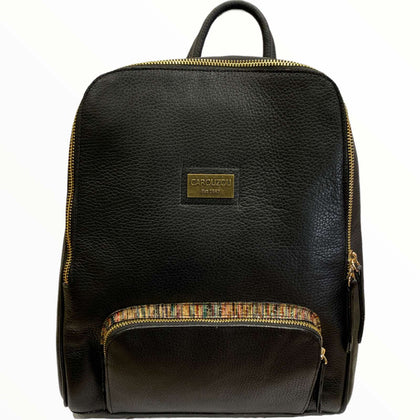 Scopelos. Black leather backpack with art details and pocket