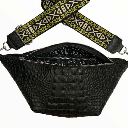 Black alligator-print leather belt bag with safran strap