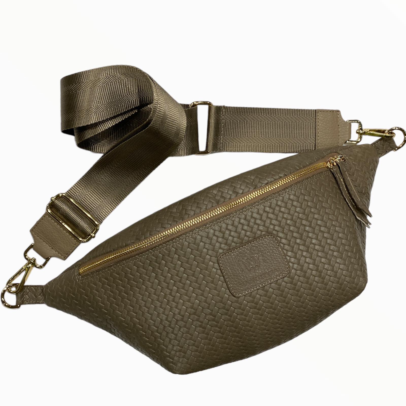 XL taupe woven-print leather belt bag