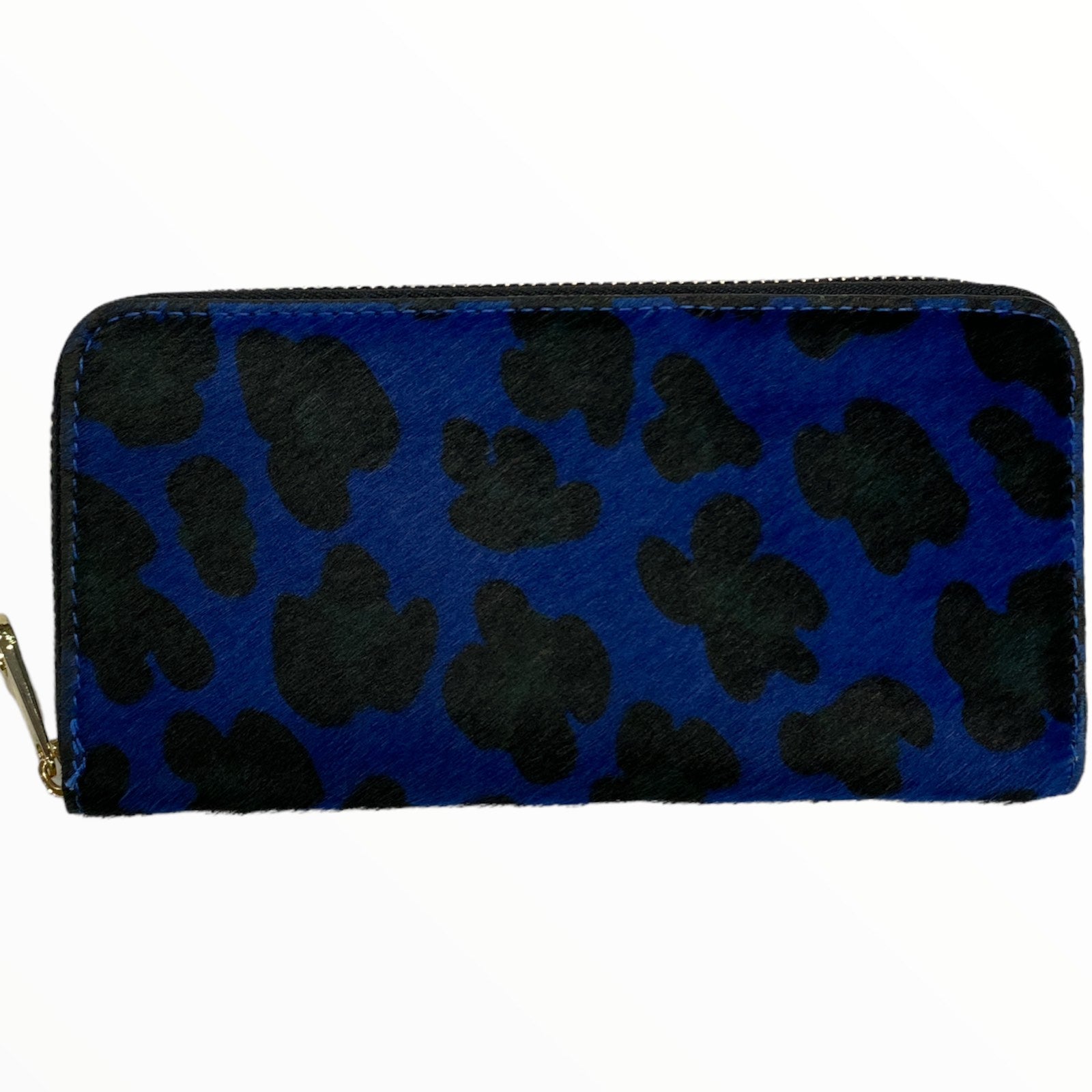 Blue leo-print calf-hair zip around leather wallet