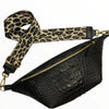XL black alligator-print leather belt bag with beige strap