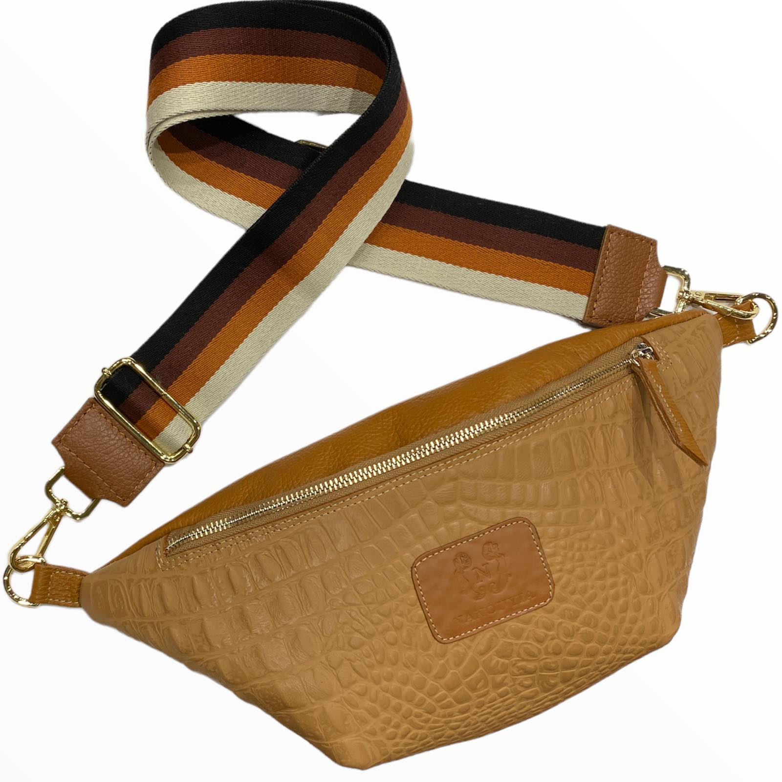 Camel alligator-print leather belt bag