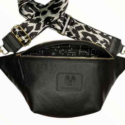 Black leather belt bag with animal-print strap