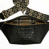 XL black alligator-print leather belt bag with geometric strap