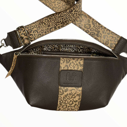 XL brown leather belt bag with leo-print details