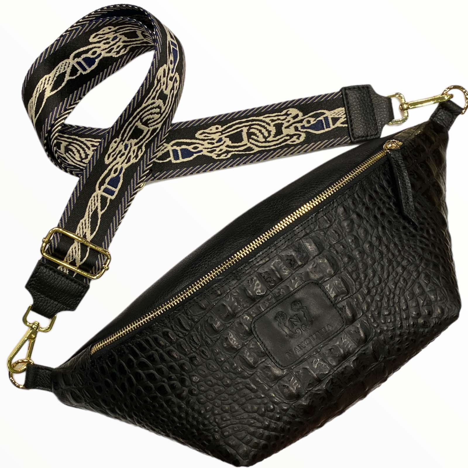 XL black alligator-print leather belt bag with chic strap