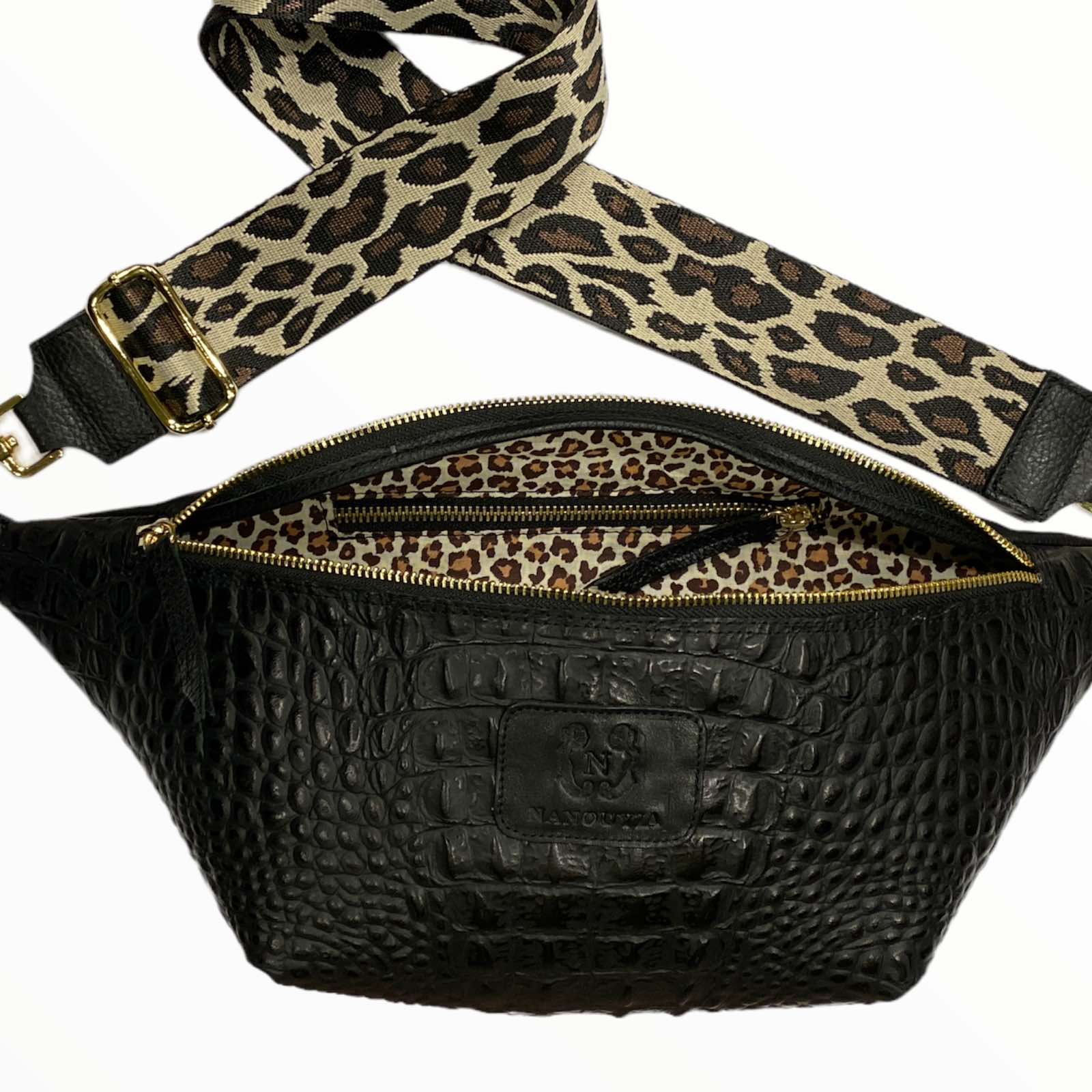 XL black alligator-print leather belt bag with beige strap