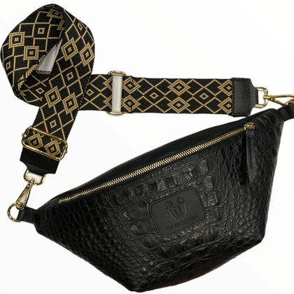 Black alligator-print leather belt bag with geometric strap
