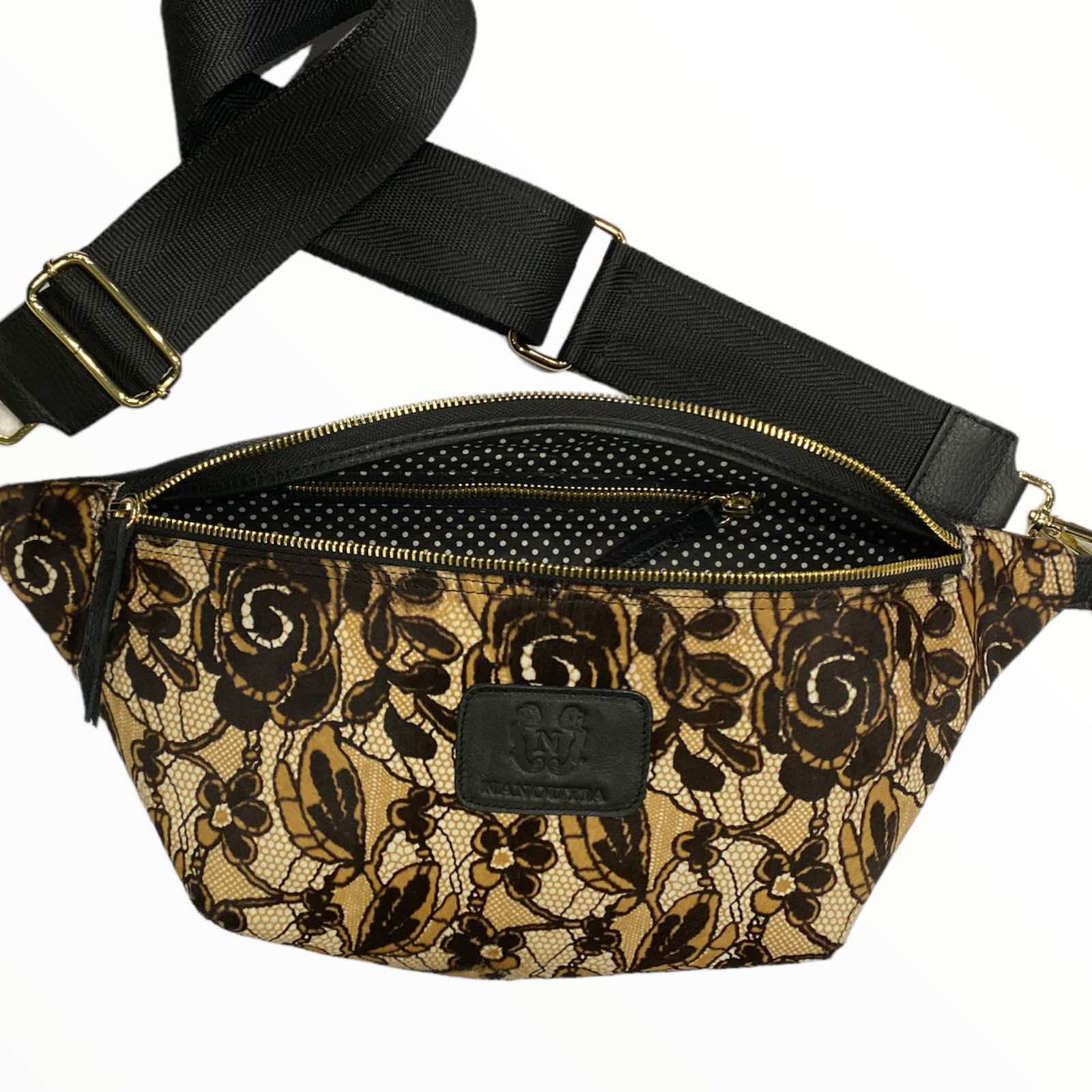 XL black and camel floral calf-hair leather belt bag