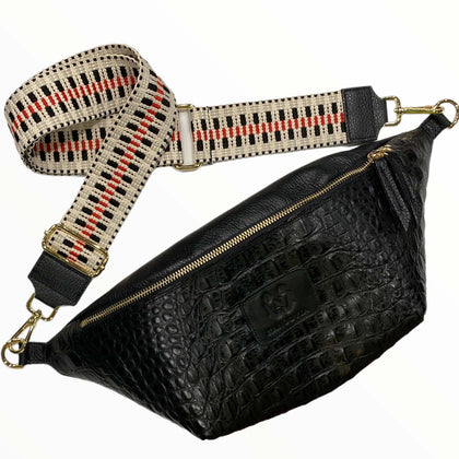 XL black alligator-print leather belt bag. Gold metals