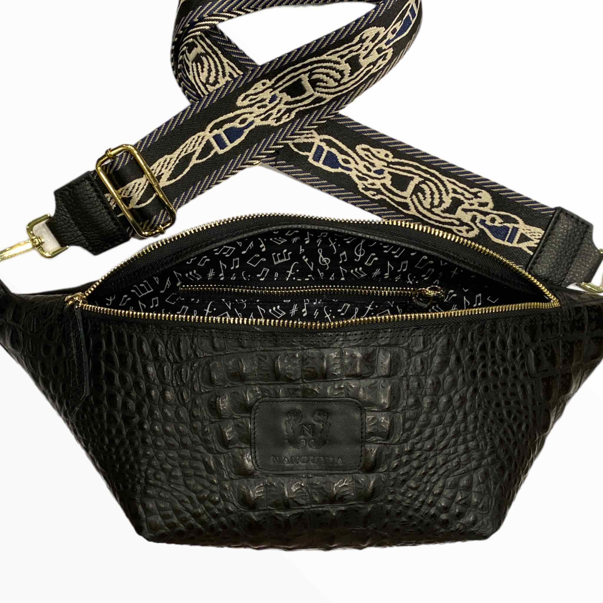XL black alligator-print leather belt bag with chic strap