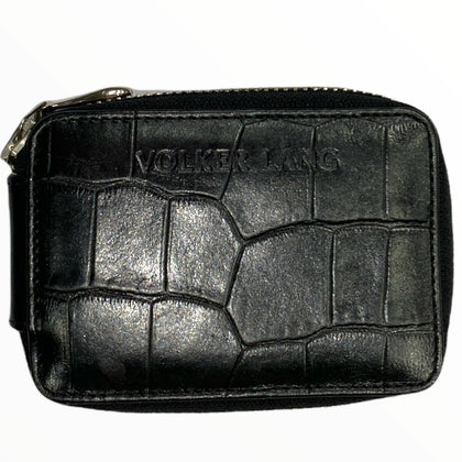 Leather zip around keychain in black croc-print