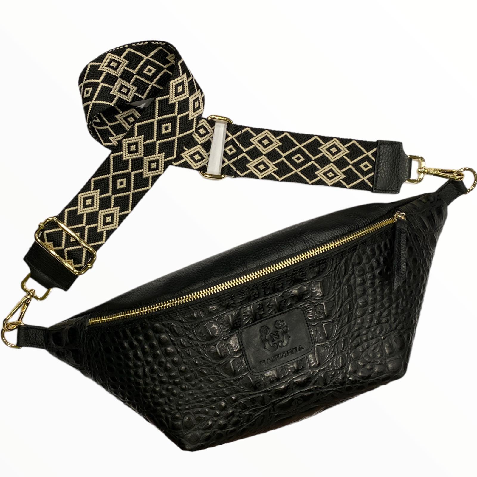 XL black alligator-print leather belt bag with geometric strap