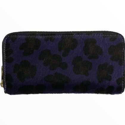 Purple leo-print calf-hair zip around leather wallet