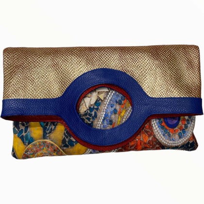 Circle flat. Art sun and gold leather messenger bag