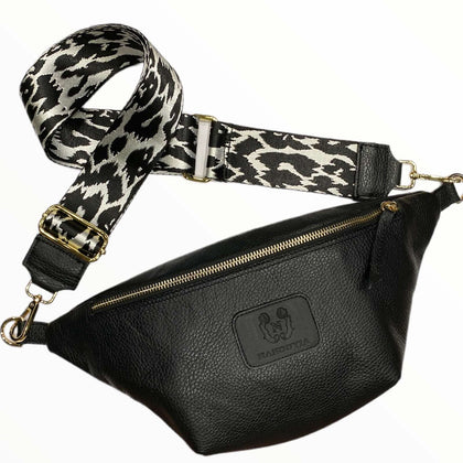 Black leather belt bag with animal-print strap