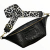 XL black alligator-print leather belt bag. Gold metals