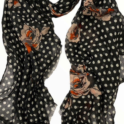 Black polka dots floral scarf