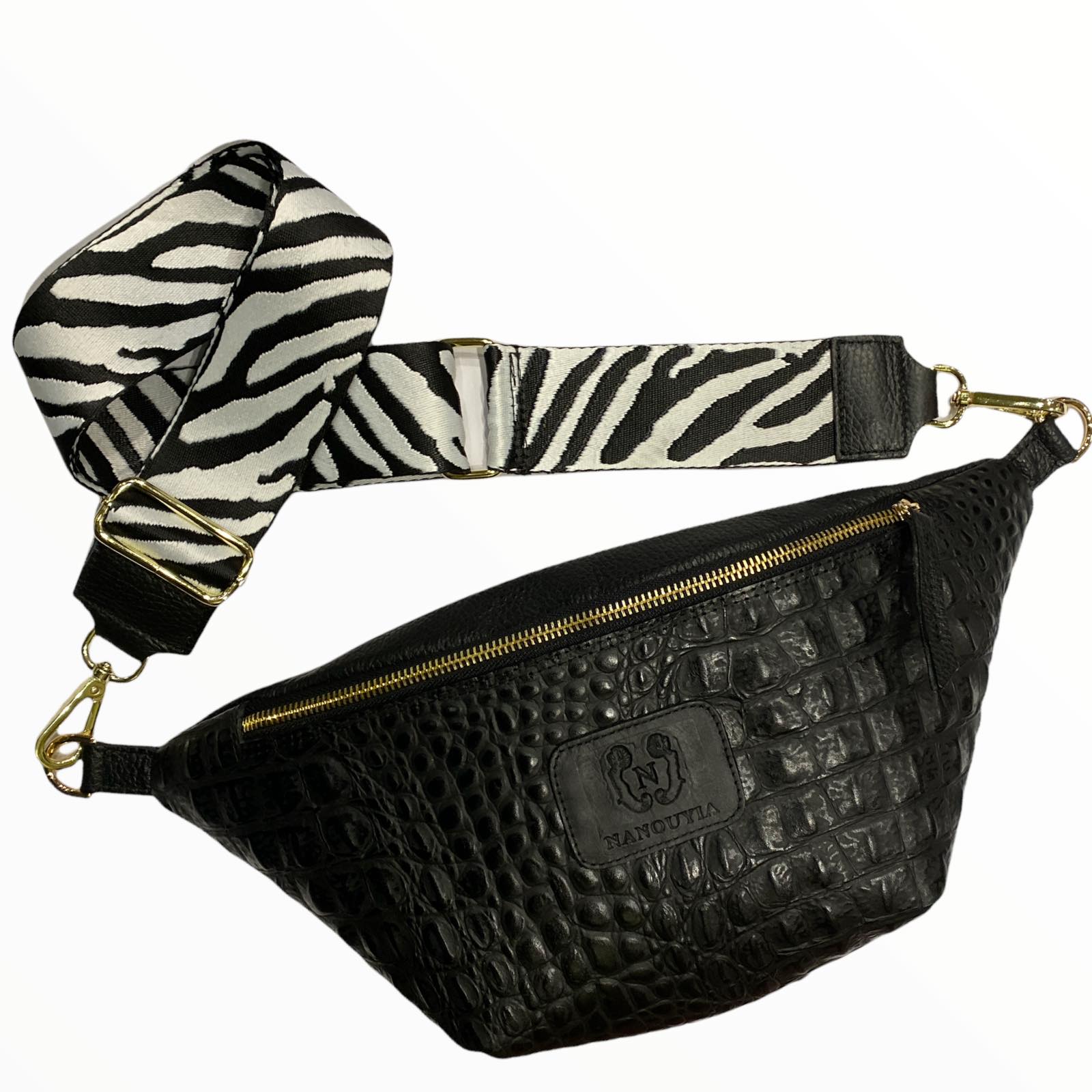 Black leather belt bag with zebra-print strap