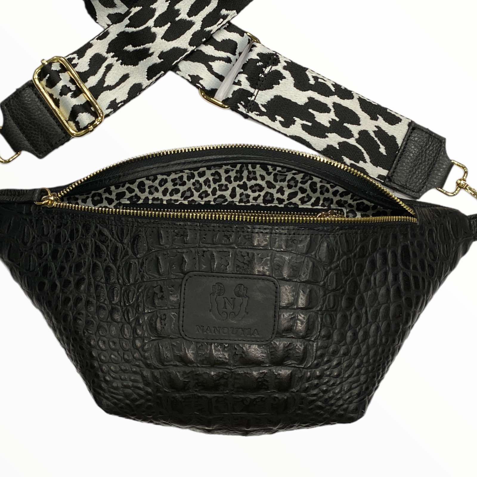 Black alligator-print leather belt bag with black-white strap