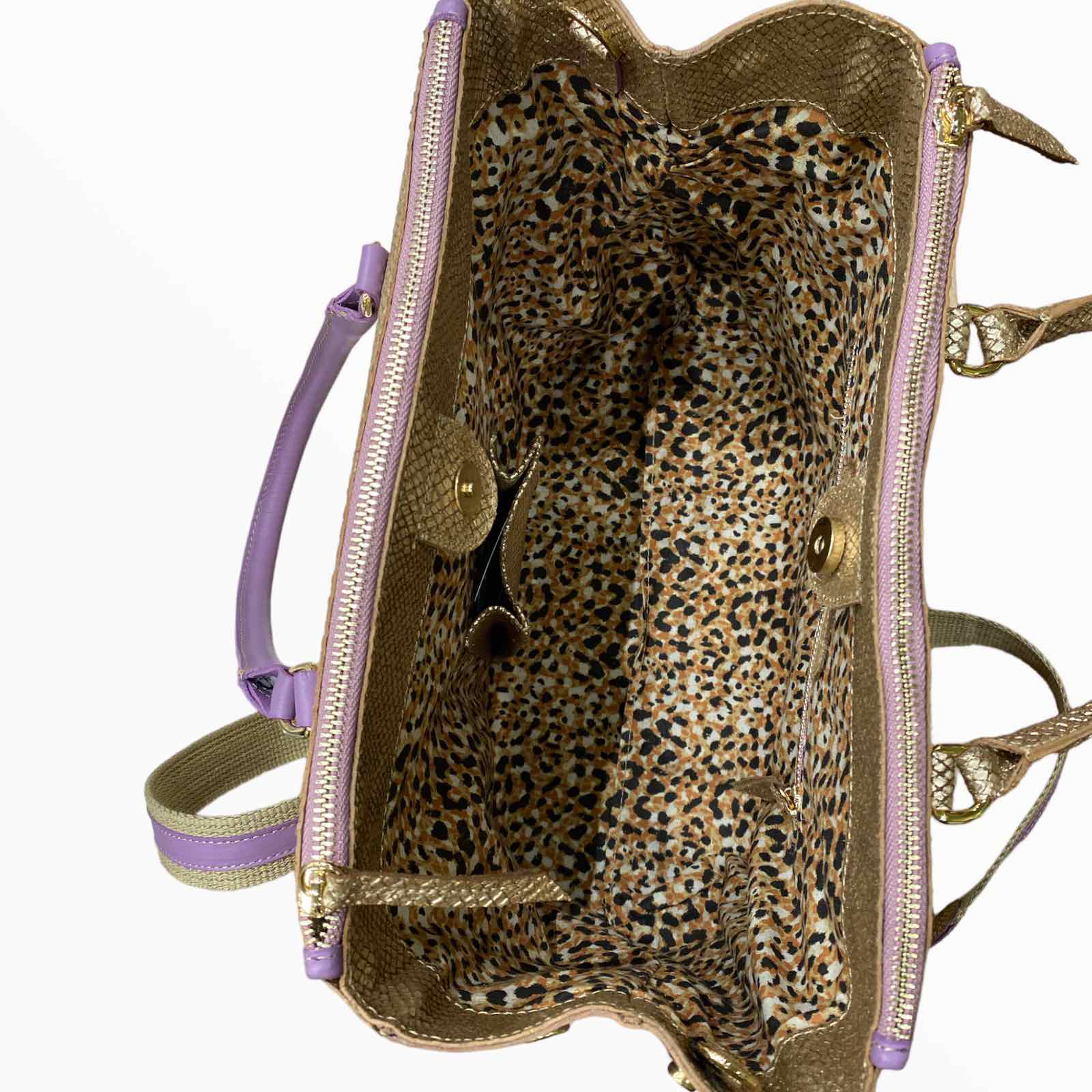 Diana M. Gold and lilac leather tote bag
