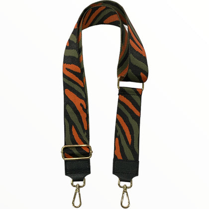 Black and olive green zebra-print adjustable strap with gold metals
