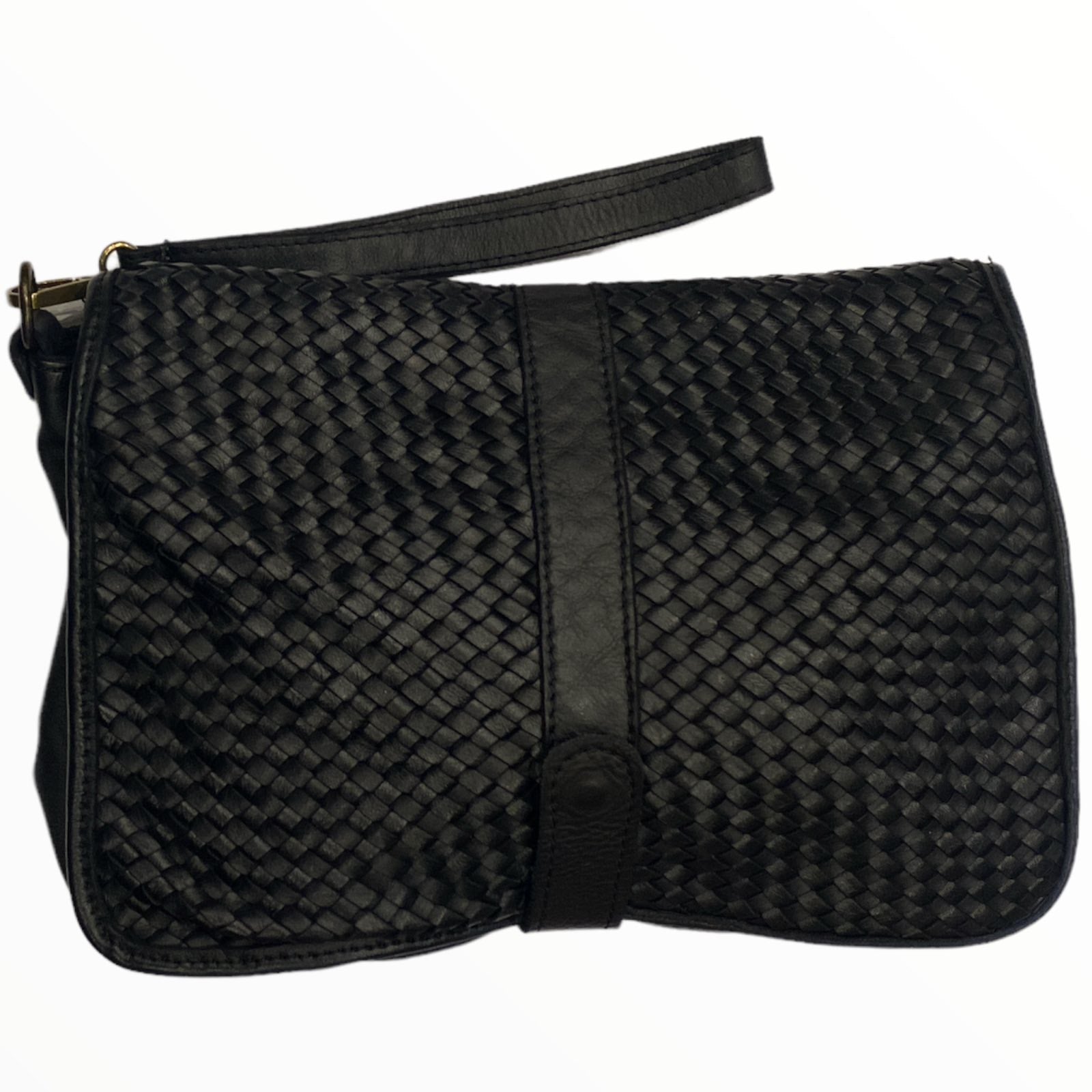 Black chic handwoven leather messenger bag