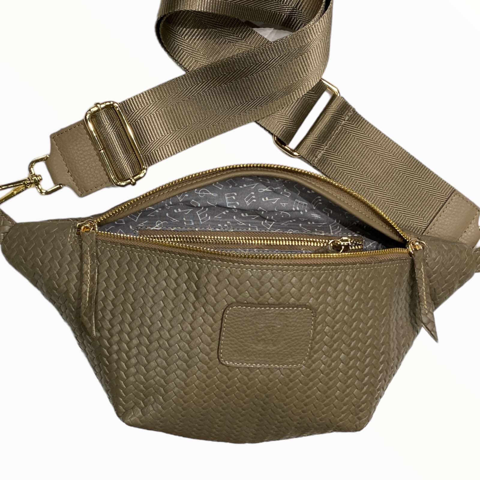 Taupe woven-print leather belt bag