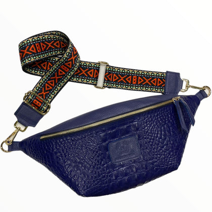 XL royal blue alligator-print leather belt bag