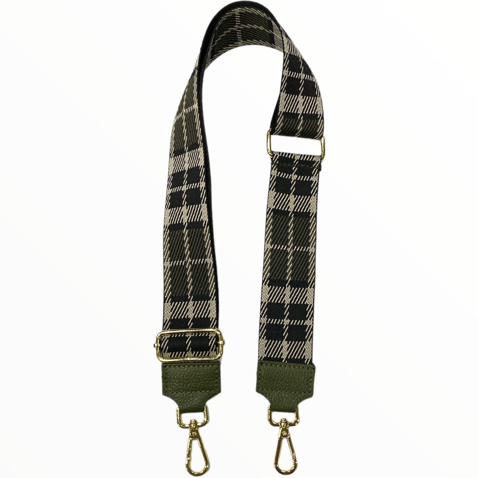 Olive green Scottish print adjustable strap with gold metals