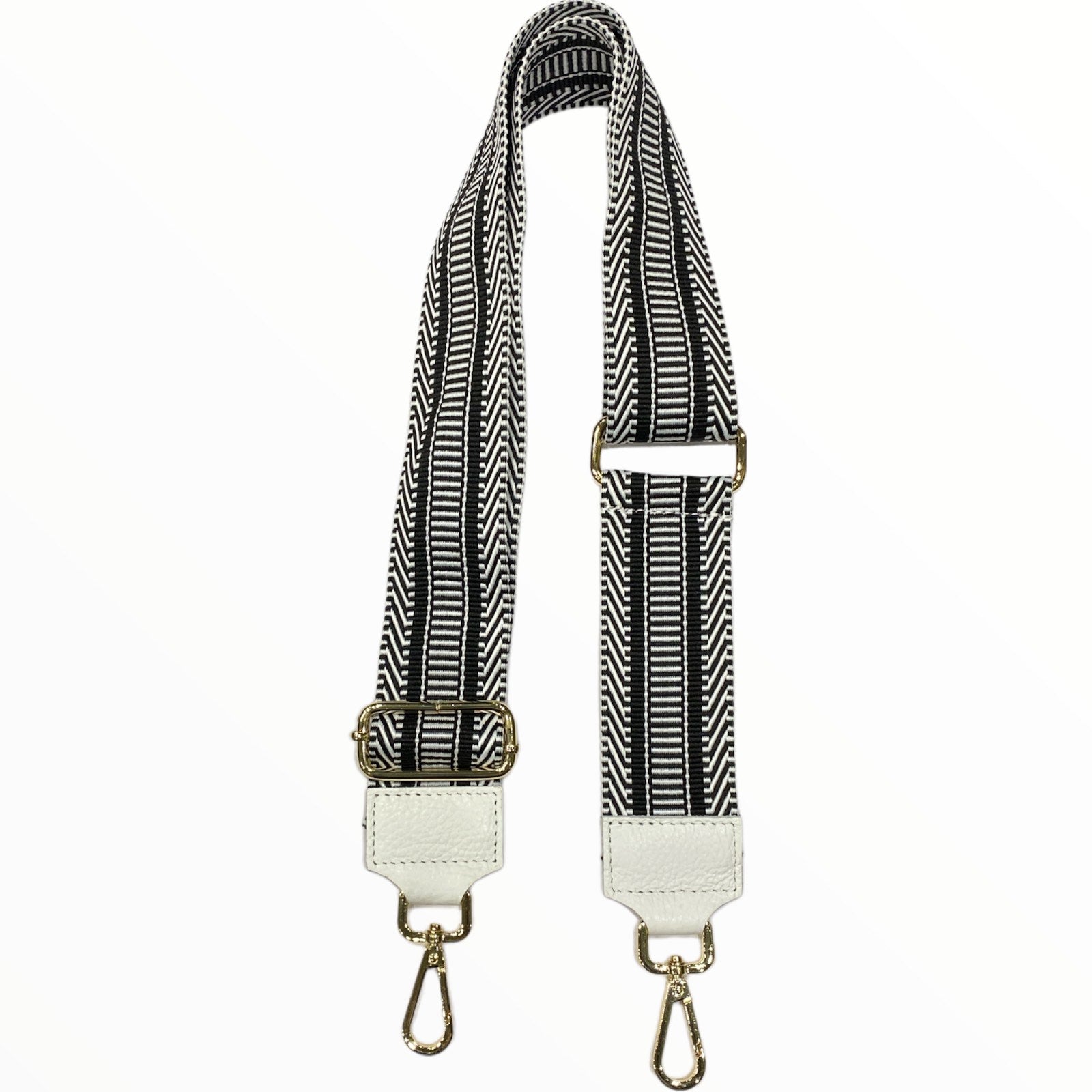 Black striped adjustable strap with white leather details