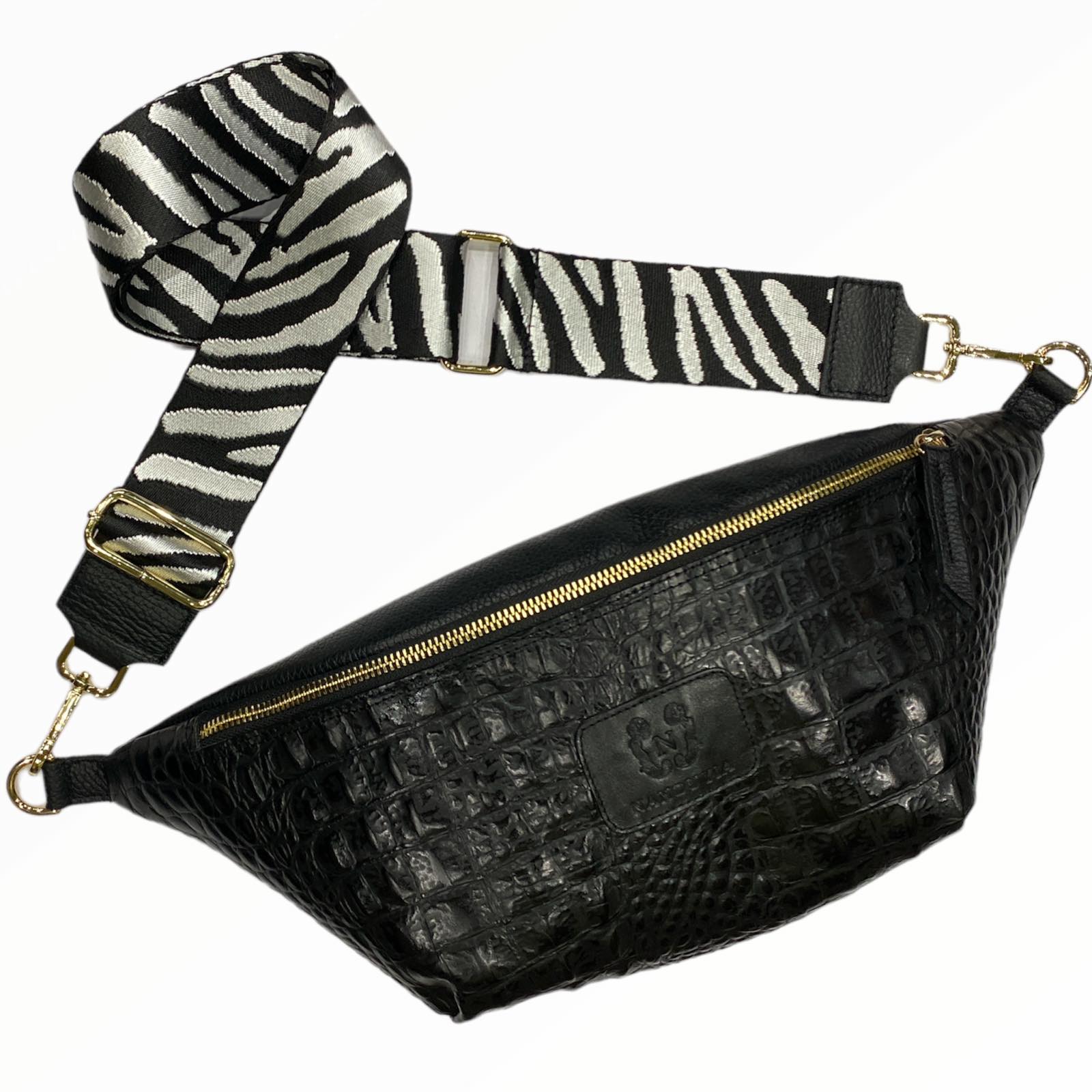 XL black alligator-print leather belt bag.Gold metals