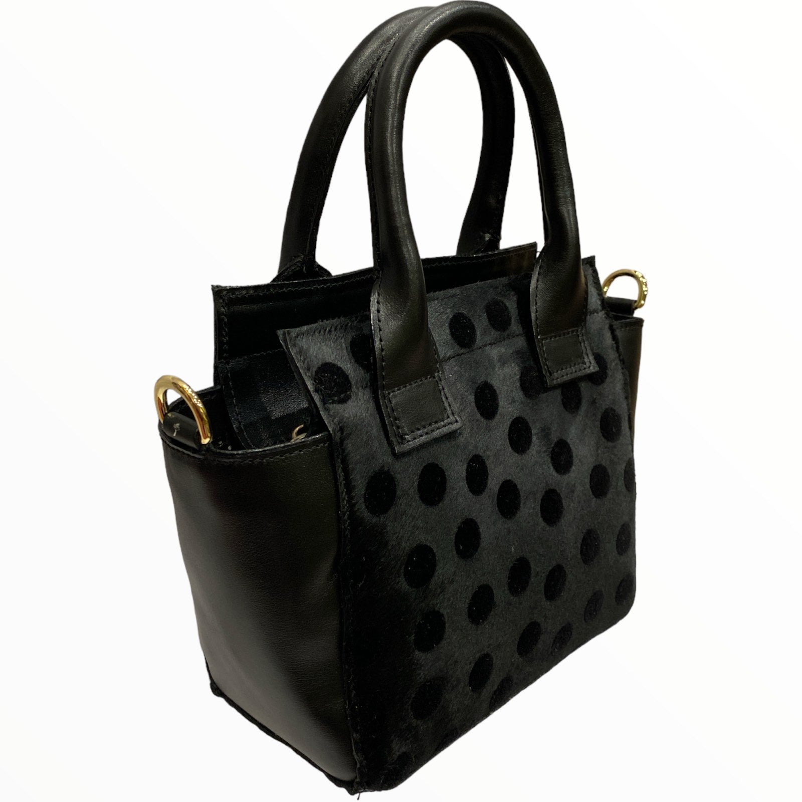Gina mini. Black polka dots calf-hair leather tote bag