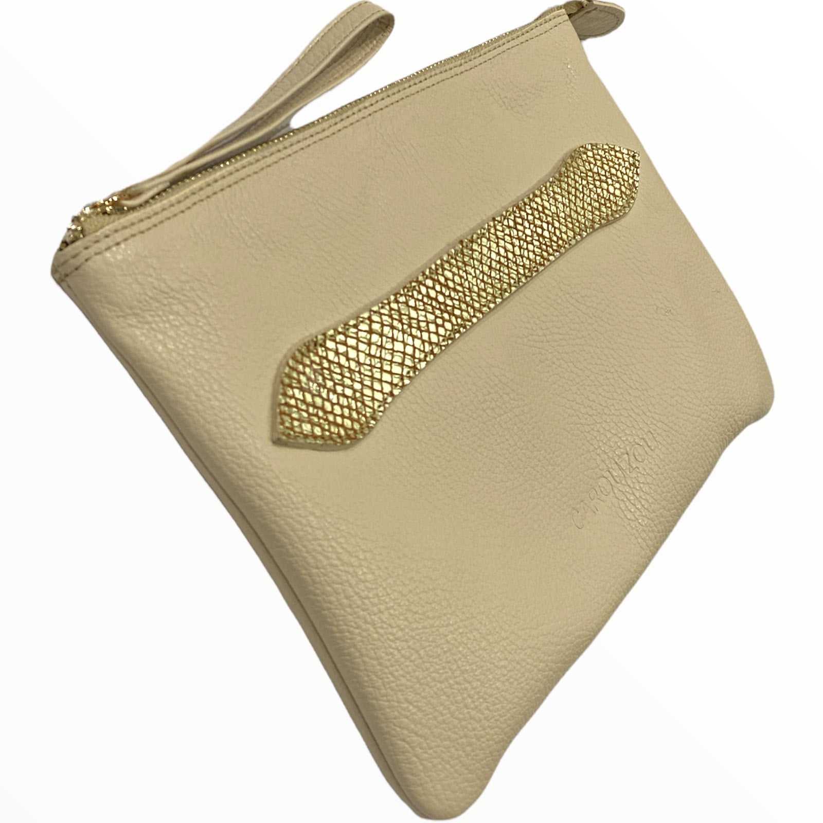 Vanilla leather bracelet clutch with gold details