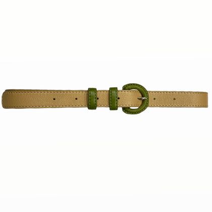 Beige leather thin belt with olive green details