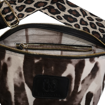 Cow-print leather belt bag with beige brown strap
